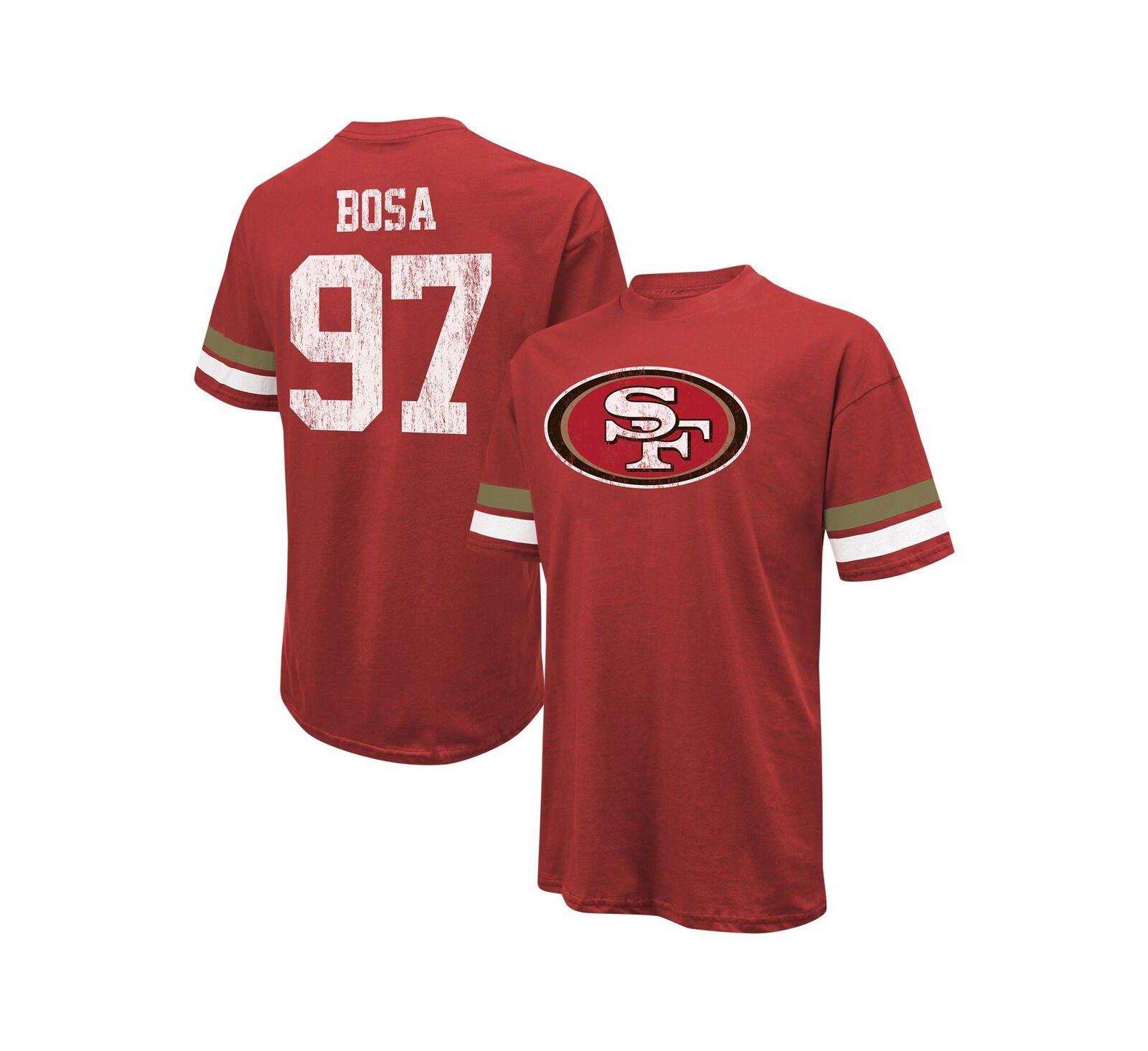 Men's Majestic Threads Nick Bosa Scarlet Distressed San Francisco 49ers Name and Number Oversize Fit T-shirt