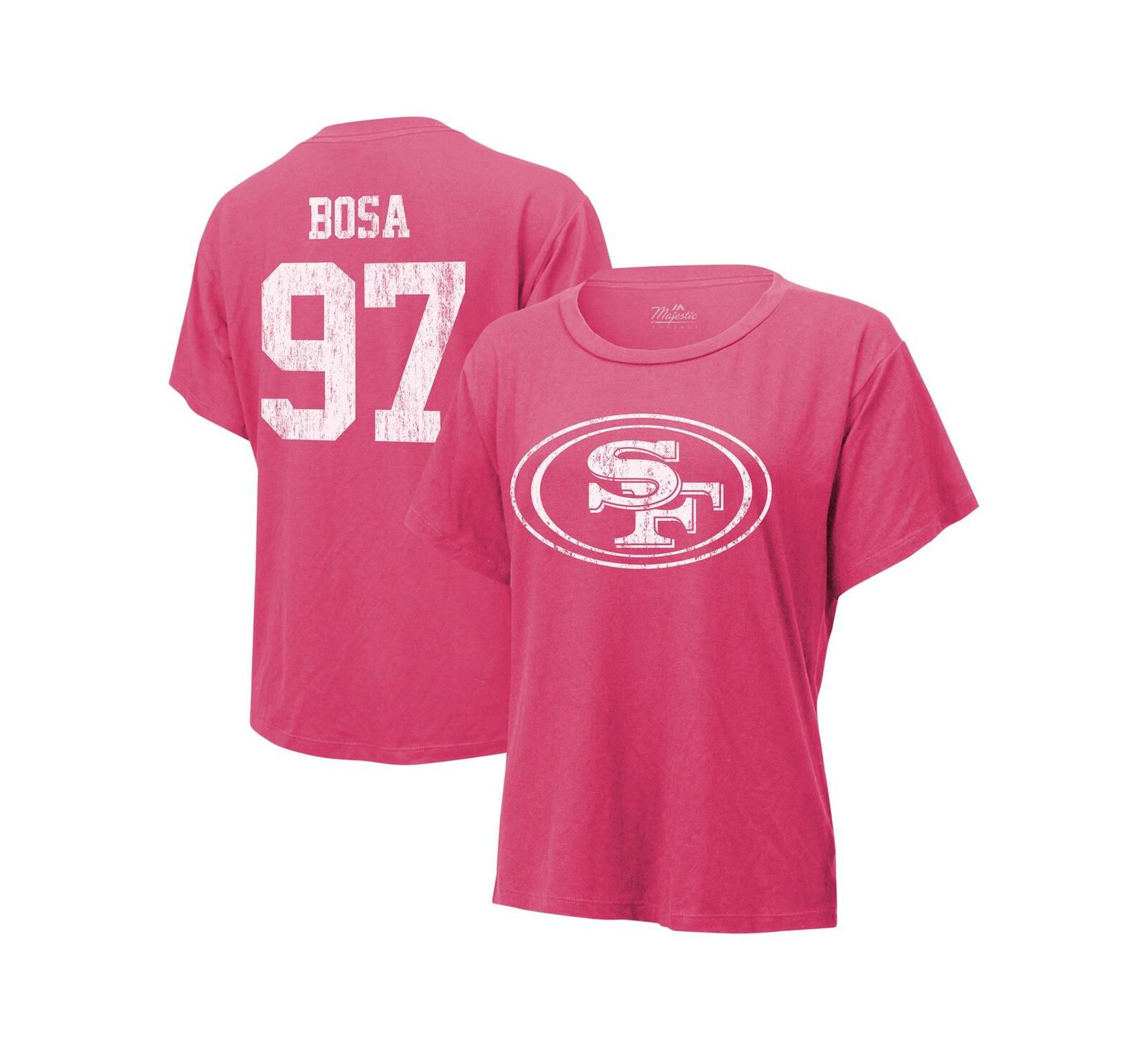 Women's Majestic Threads Nick Bosa Pink Distressed San Francisco 49ers Name and Number T-shirt