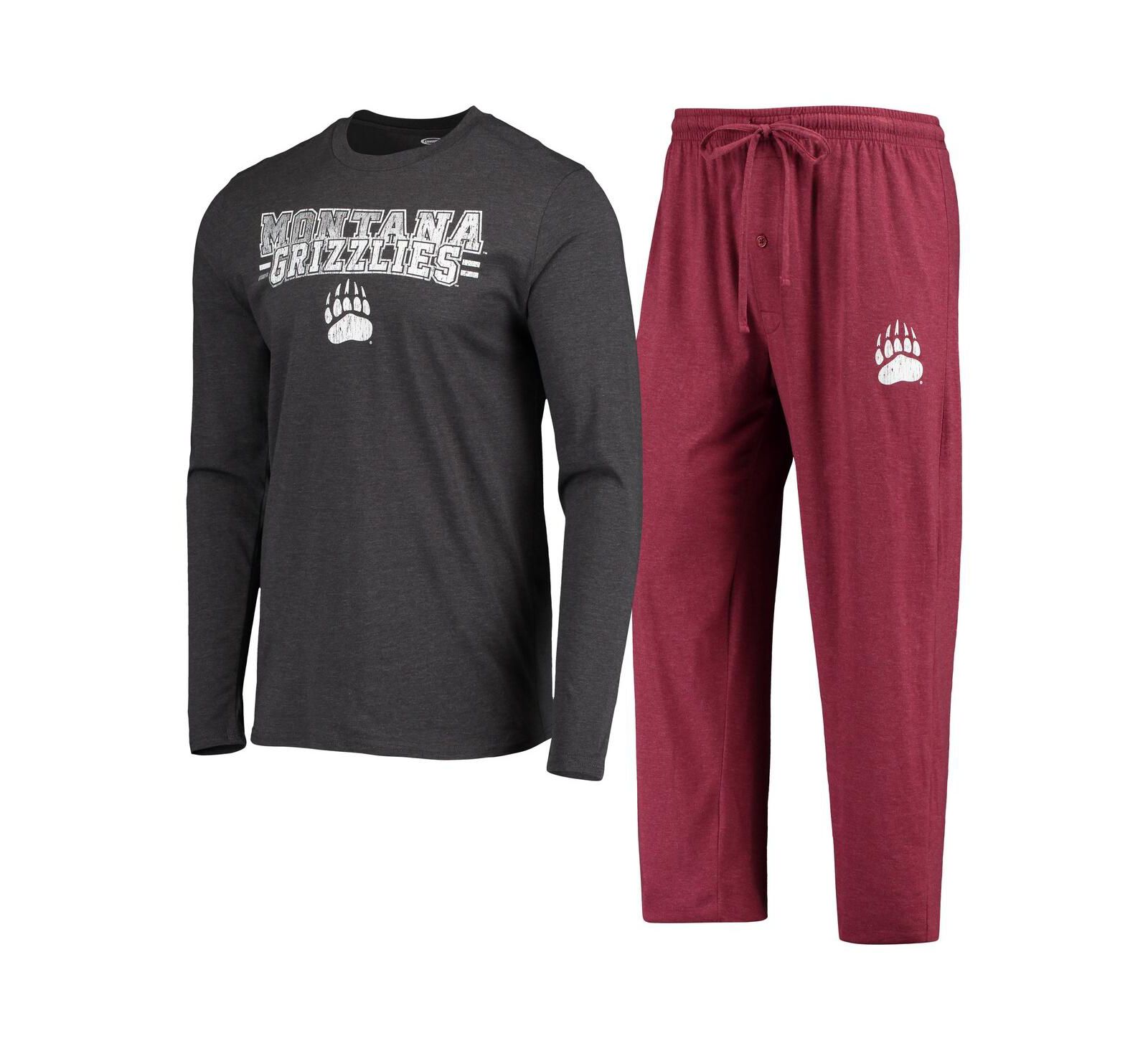 Men's Concepts Sport Maroon, Heathered Charcoal Distressed Montana Grizzlies Meter Long Sleeve T-shirt and Pants Sleep Set