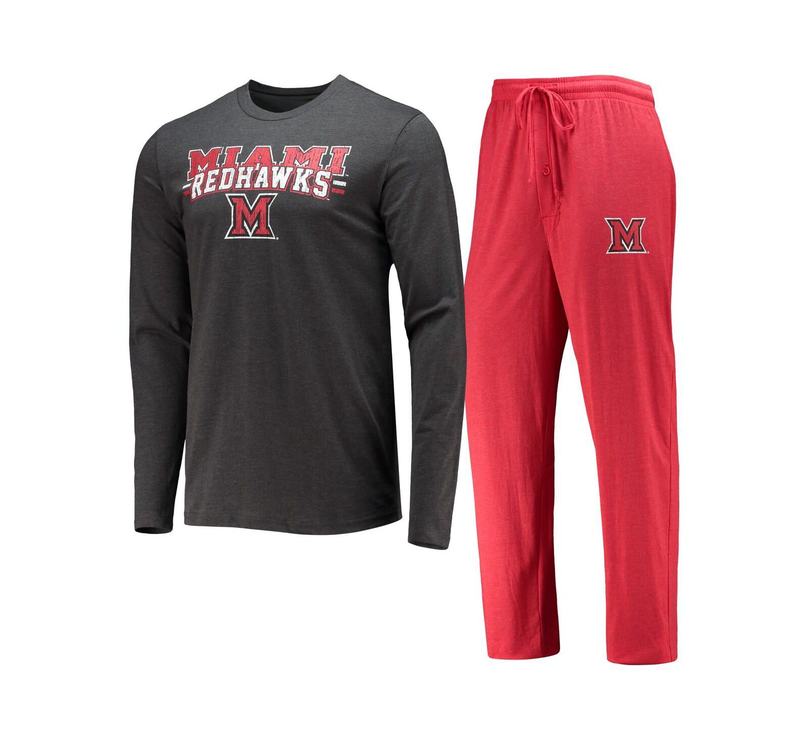 Men's Concepts Sport Red, Heathered Charcoal Distressed Miami University RedHawks Meter Long Sleeve T-shirt and Pants Sleep Set