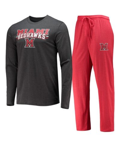 Men's Concepts Sport Red, Heathered Charcoal Distressed Miami University RedHawks Meter Long Sleeve T-shirt and Pants Sleep Set