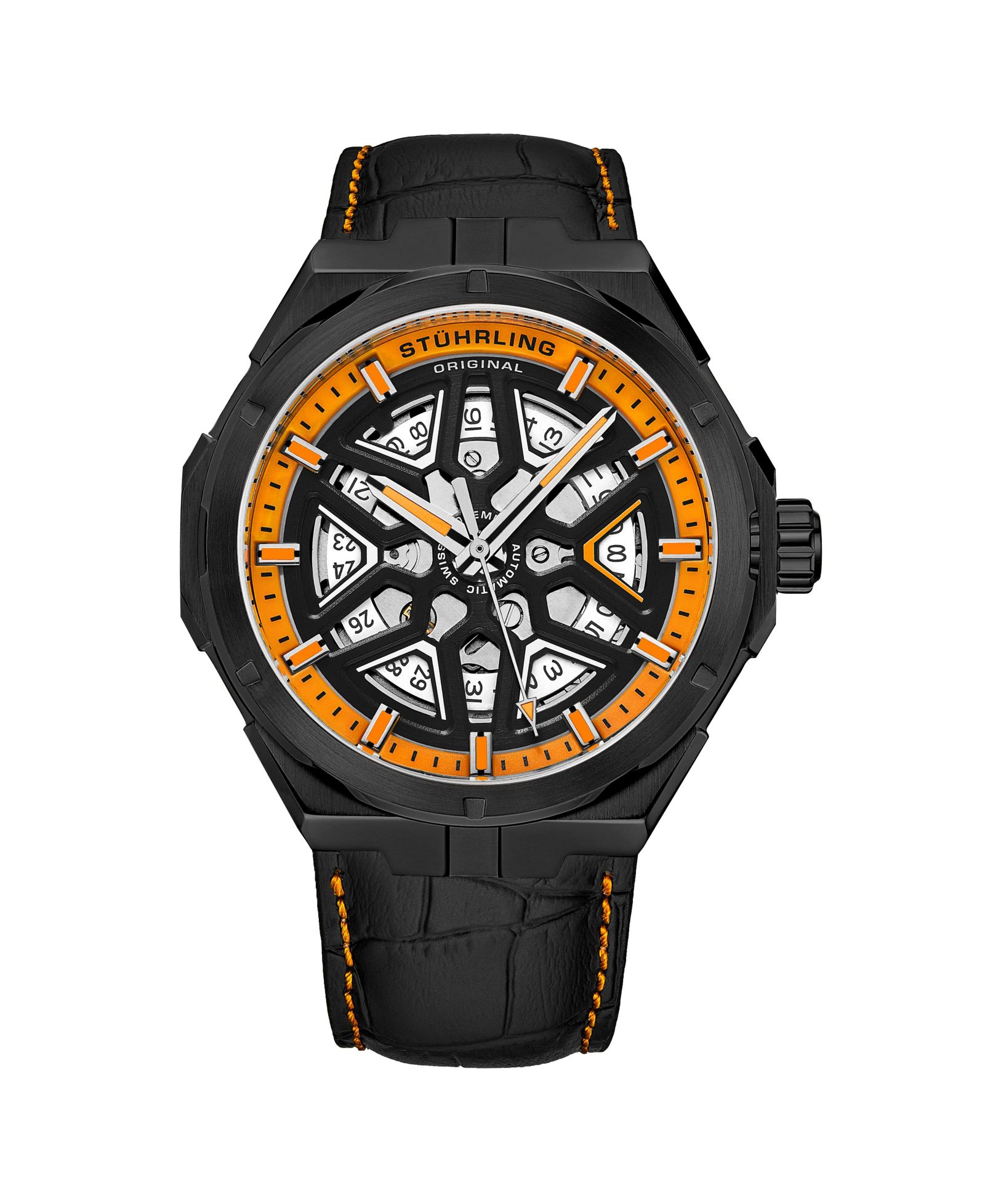 Stuhrling Men s Gio 379 41mm Swiss Automatic Skeleton Watch, Unique Dial Design, Leather Strap, Exhibition Caseback