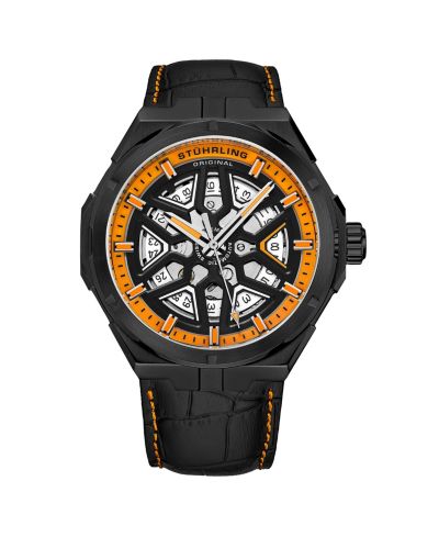Stuhrling Men s Gio 379 41mm Swiss Automatic Skeleton Watch, Unique Dial Design, Leather Strap, Exhibition Caseback