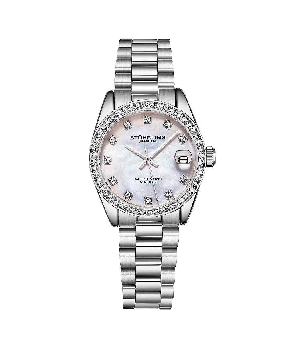 Женские кварцевые часы Stuhrling Lineage 3936.1, 31mm, серебристый браслет из нержавеющей стали, белый перламутровый циферблат