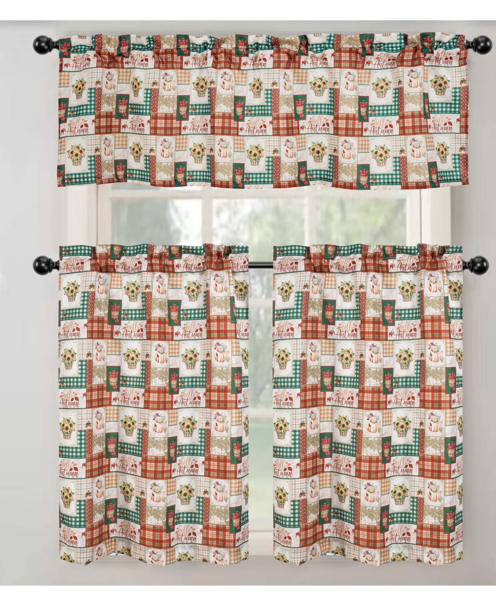 Kate Aurora Country Living Gingham Check Hope Faith Love 3 Pc Cafe Kitchen Curtain Set