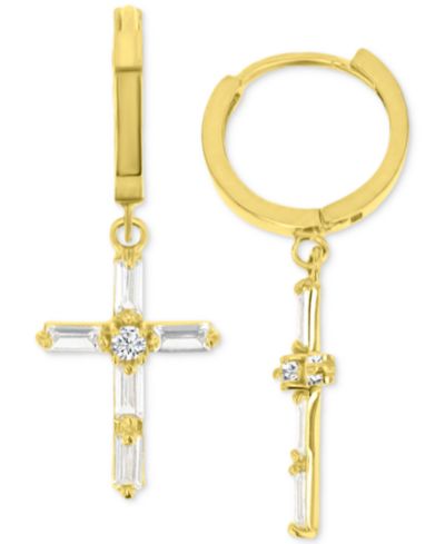Cubic Zirconia Round & Baguette Cross Dangle Hoop Drop Earrings in 14K Gold