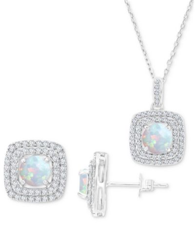 Набор из 2 шт. Подвеска с опалом и белым сапфиром и серьги в серебре Sterling Silver