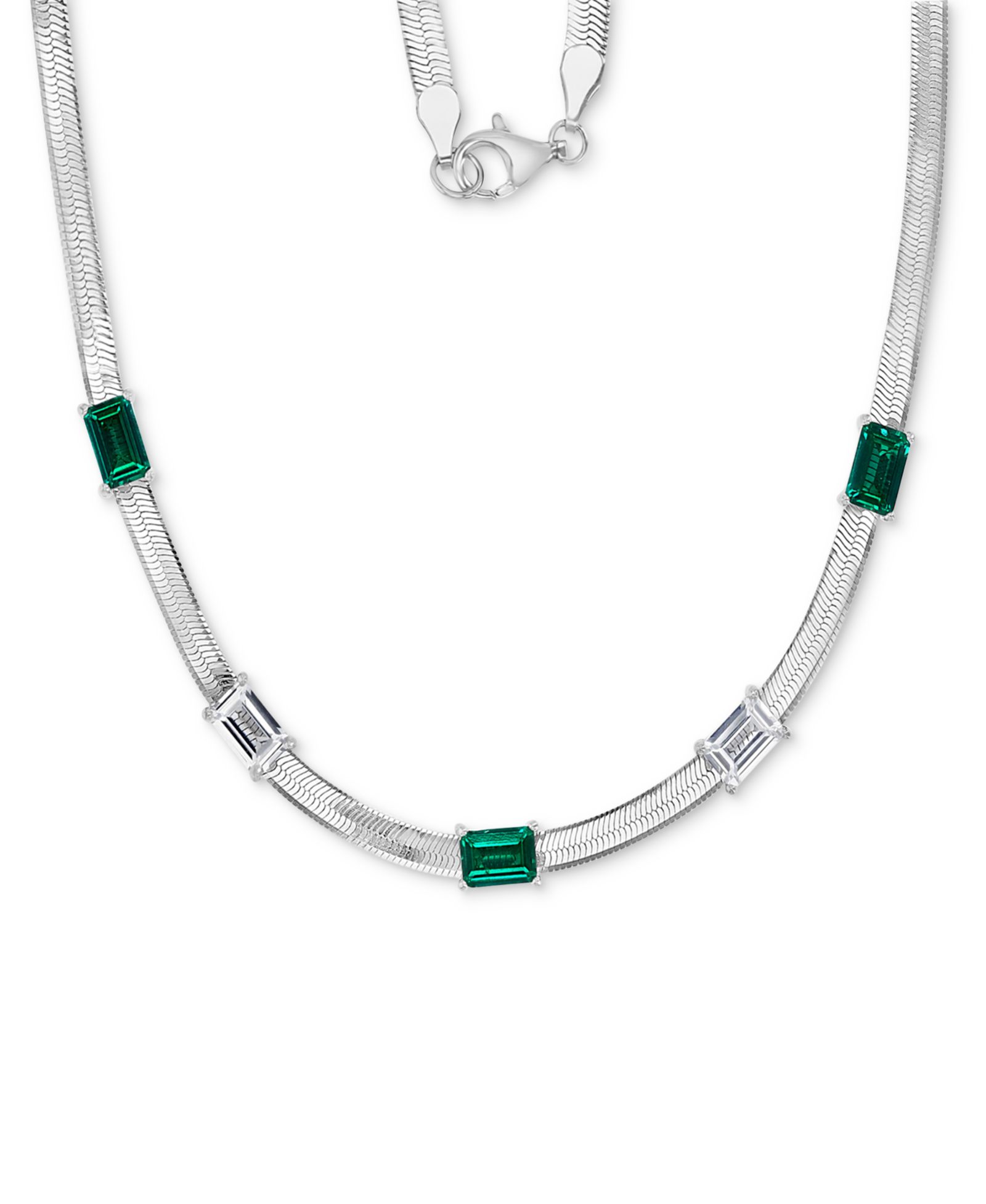 Lab-Grown Emerald (1-3/4 ct. t.w.) & Lab-Grown White Sapphire (1-3/8 ct. t.w.) Herringbone 18" Collar Necklace in Sterling Silver