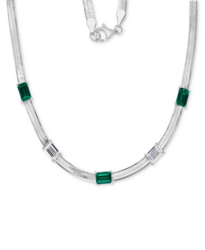 Lab-Grown Emerald (1-3/4 ct. t.w.) & Lab-Grown White Sapphire (1-3/8 ct. t.w.) Herringbone 18" Collar Necklace in Sterling Silver