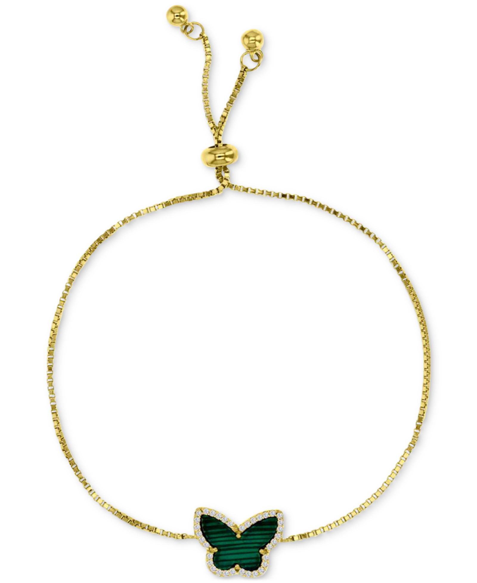 Simulated Malachite & Cubic Zirconia Butterfly Bolo Bracelet in 14k Gold-Plated Sterling Silver