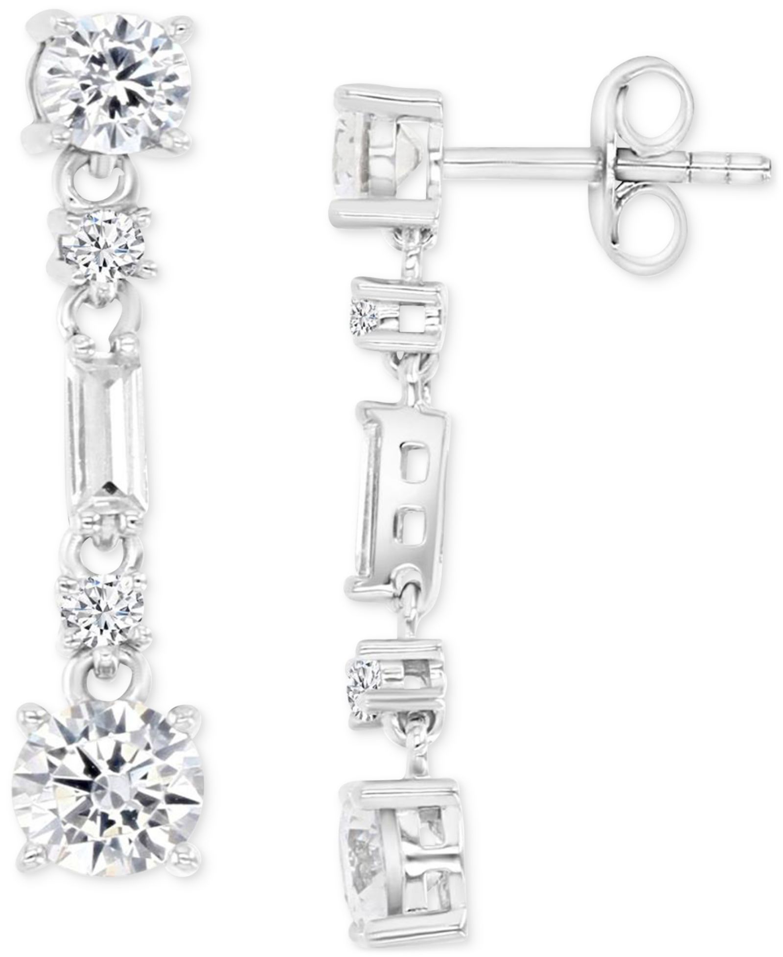 Cubic Zirconia Round & Baguette Linear Drop Earrings