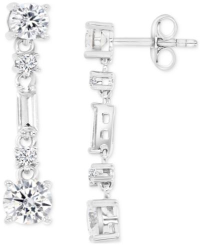 Cubic Zirconia Round & Baguette Linear Drop Earrings