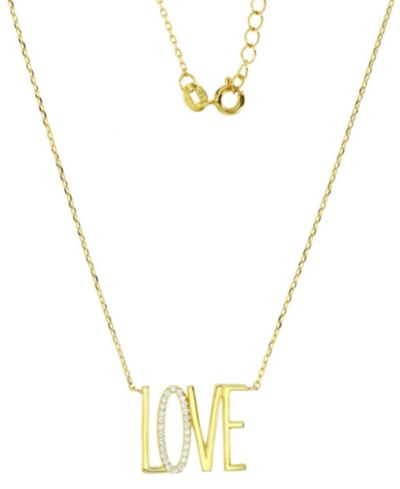 Cubic Zirconia LOVE Pendant Necklace in 14k Gold-Plated Sterling Silver, 16" + 2" extender
