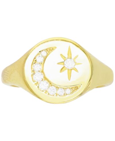Кольцо-печатка Macy's Cubic Zirconia Crescent Moon & Star 14k Gold-Plated