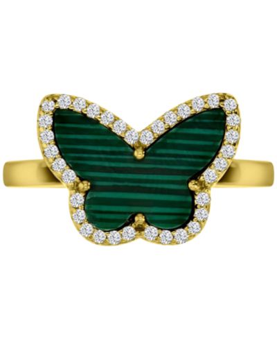 Кольцо Butterfly Halo из малахита и кубического циркония в позолоченном серебре 14k