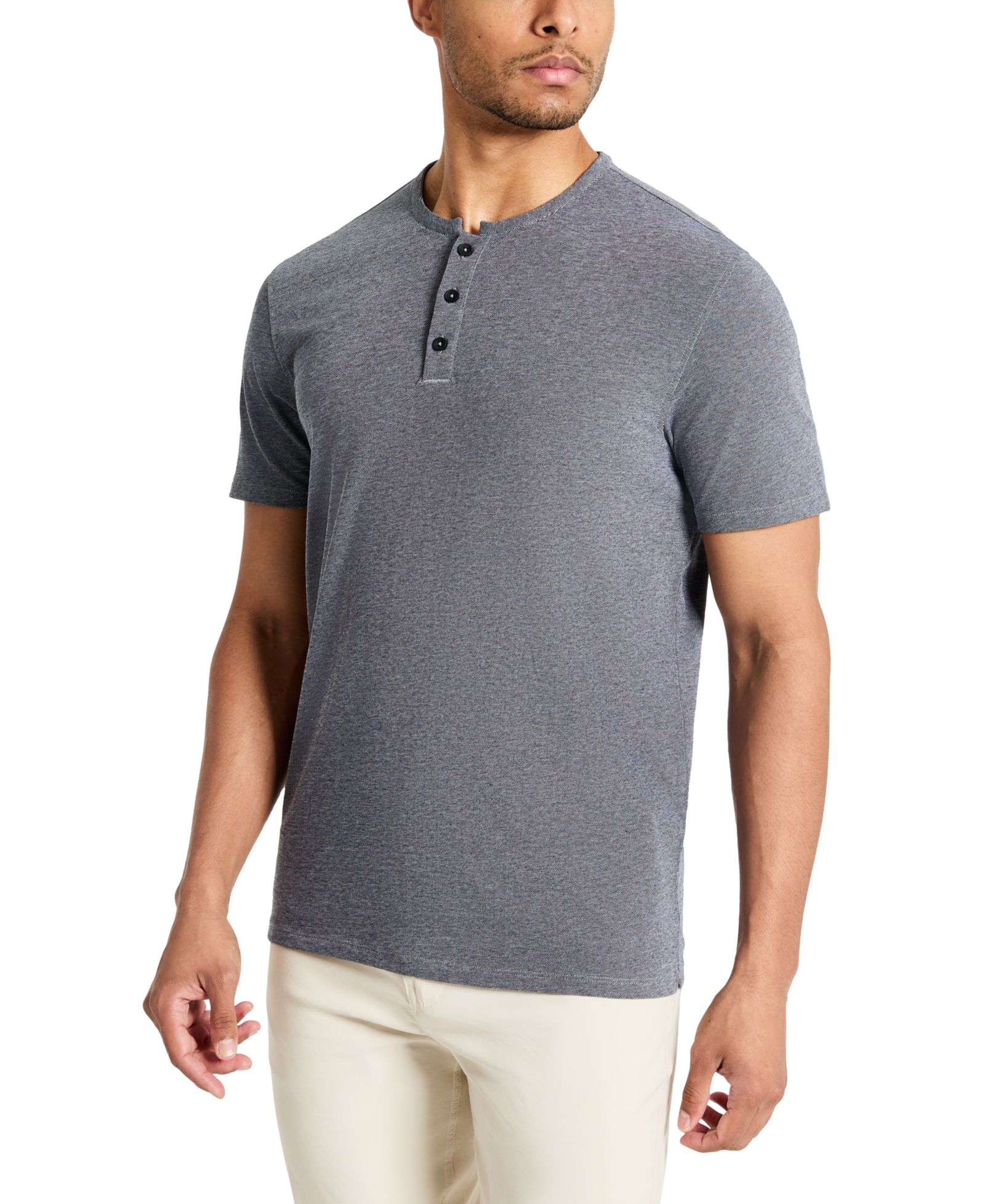 Kenneth Cole Men's 4-Way Stretch Heathered Stand-Collar Piqué Henley