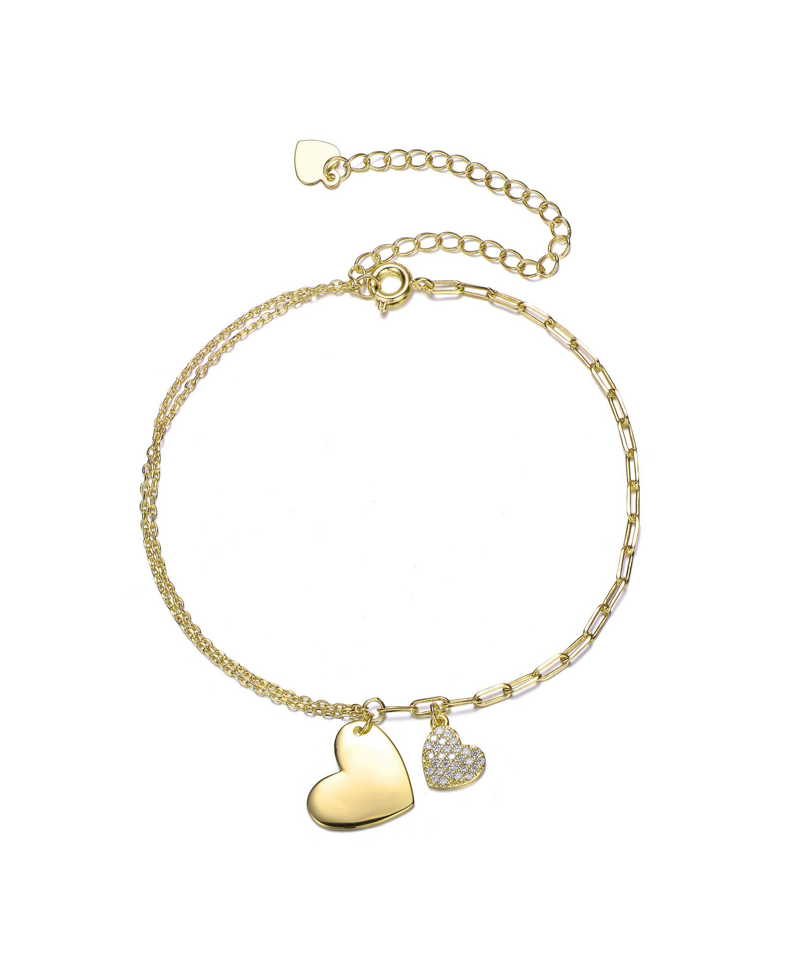 Rachel Glauber Whimsical CZ Paved Heart Charms Layered Chain Bracelet