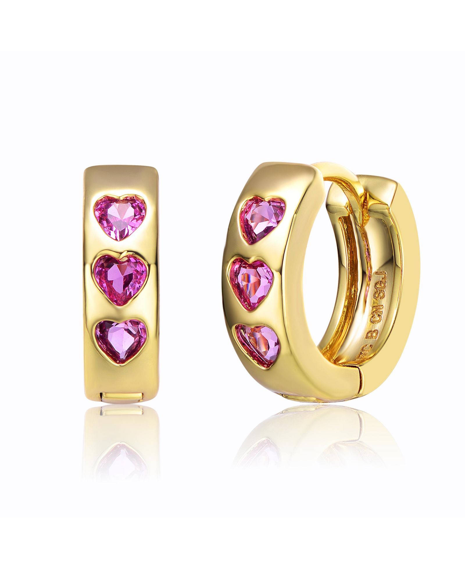 Серьги-кольца GiGiGirl 14K Gold Plated Triple Pink Heart Cubic Zirconia