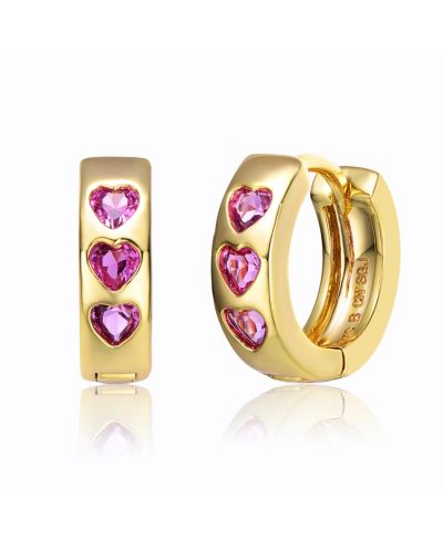 GiGiGirl Sparkling 14K Gold Plated Triple Pink Heart Cubic Zirconia Hoop Earrings