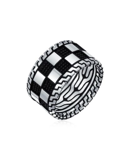 Bling Jewelry Men's 2-Tone Black Check Board Chess Band Ring Sterling Silver 12mm Wide