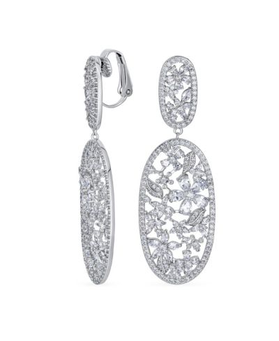 Bling Jewelry Art Deco Style CZ Elegant Flower Leaf Statement Chandelier Clip-On Earrings