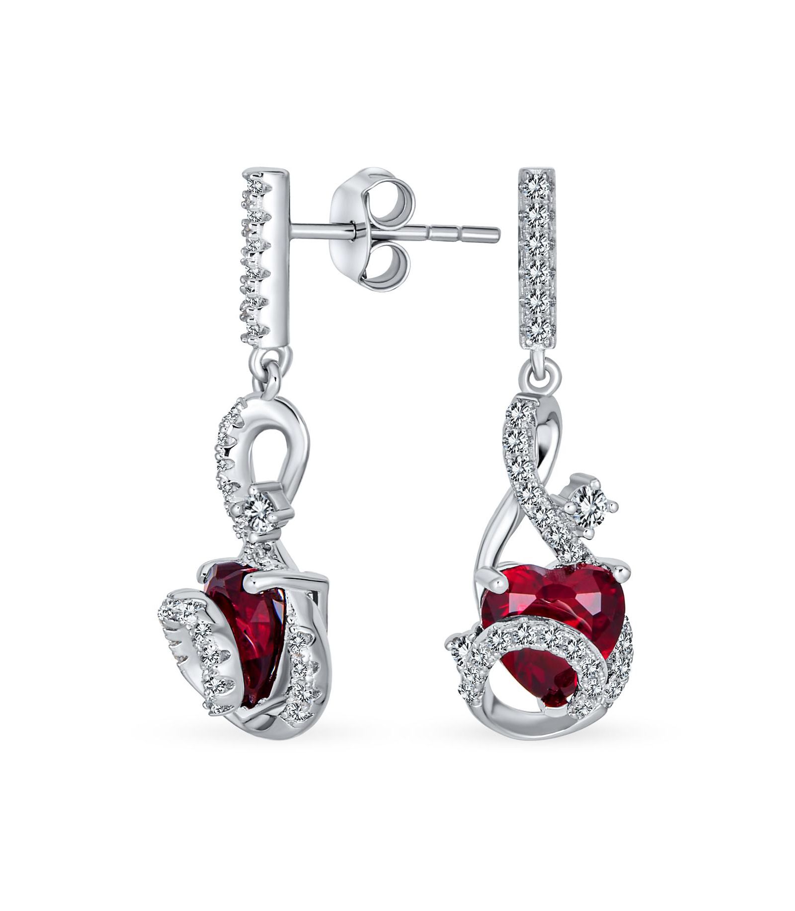 Серьги Bling Jewelry Sterling Silver Romantic Ruby Red CZ Infinity Swirl Heart Shape Dangling Earrings Accent