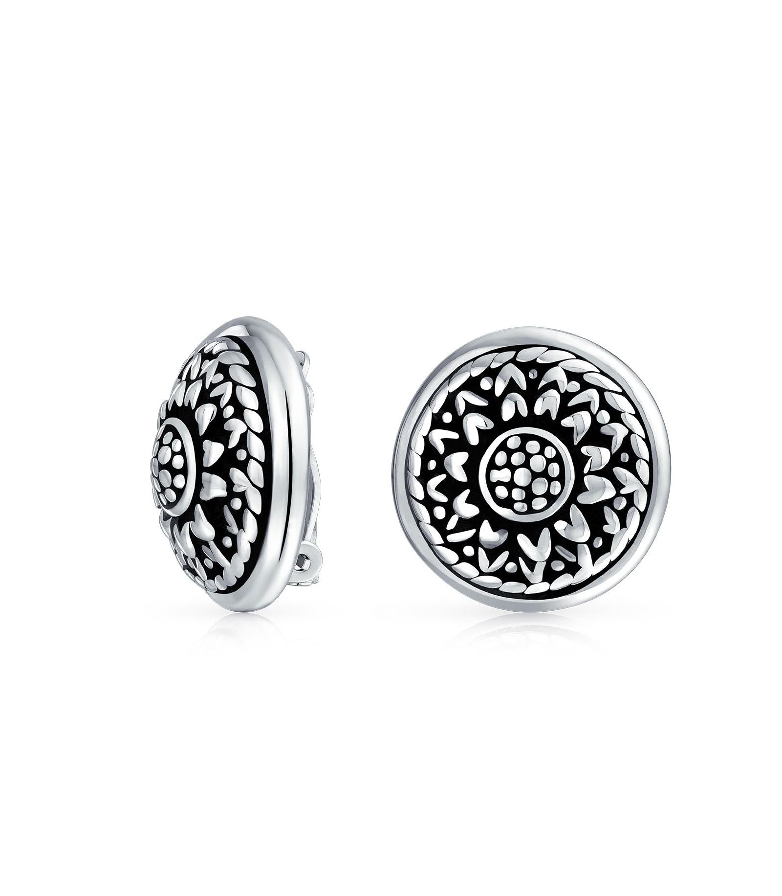 Bling Jewelry Bali Style Round Disc Flower Clip On Earrings Oxidized 925 Sterling Silver