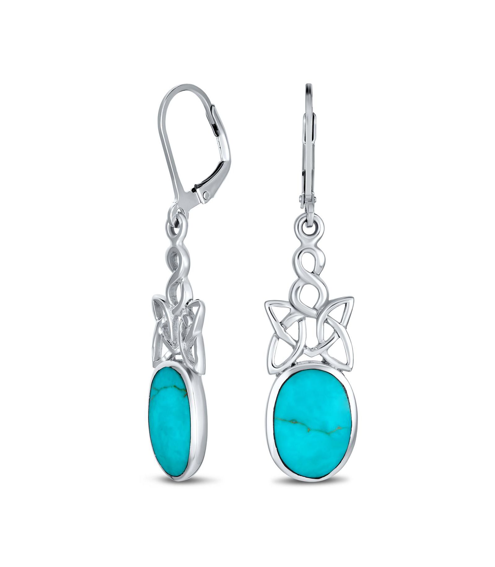 Bling Jewelry Celtic Knot Oval Turquoise Dangle Earrings Lever Back .925 Sterling Silver