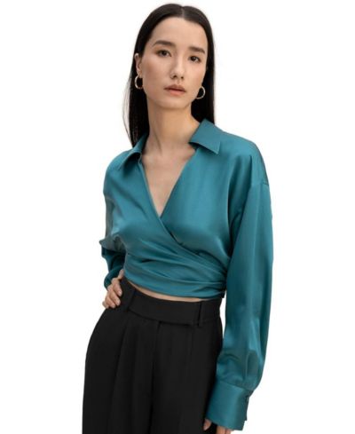 LILYSILK Women's Pure Silk Blouse Wrapover Cropped Shirt