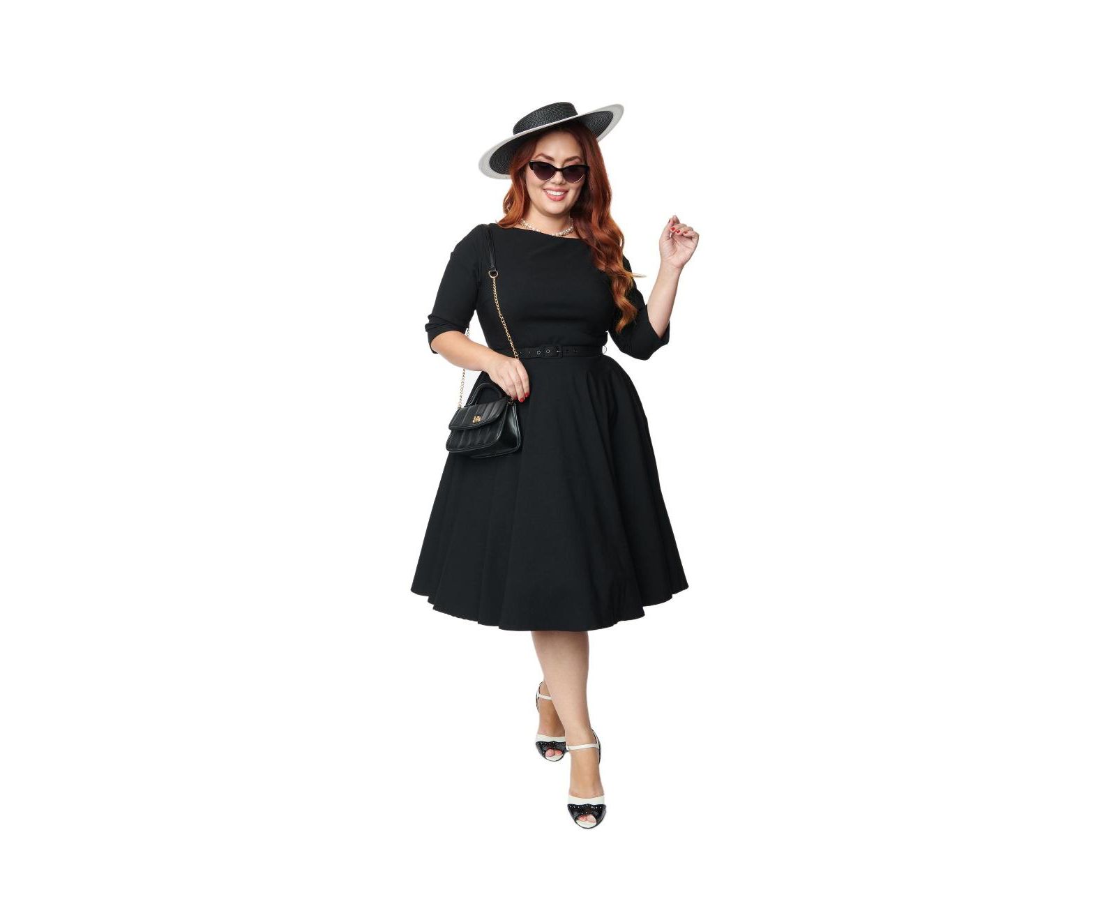 Unique Vintage платье Devon Swing Plus Size с трехчетвертным рукавом и поясом