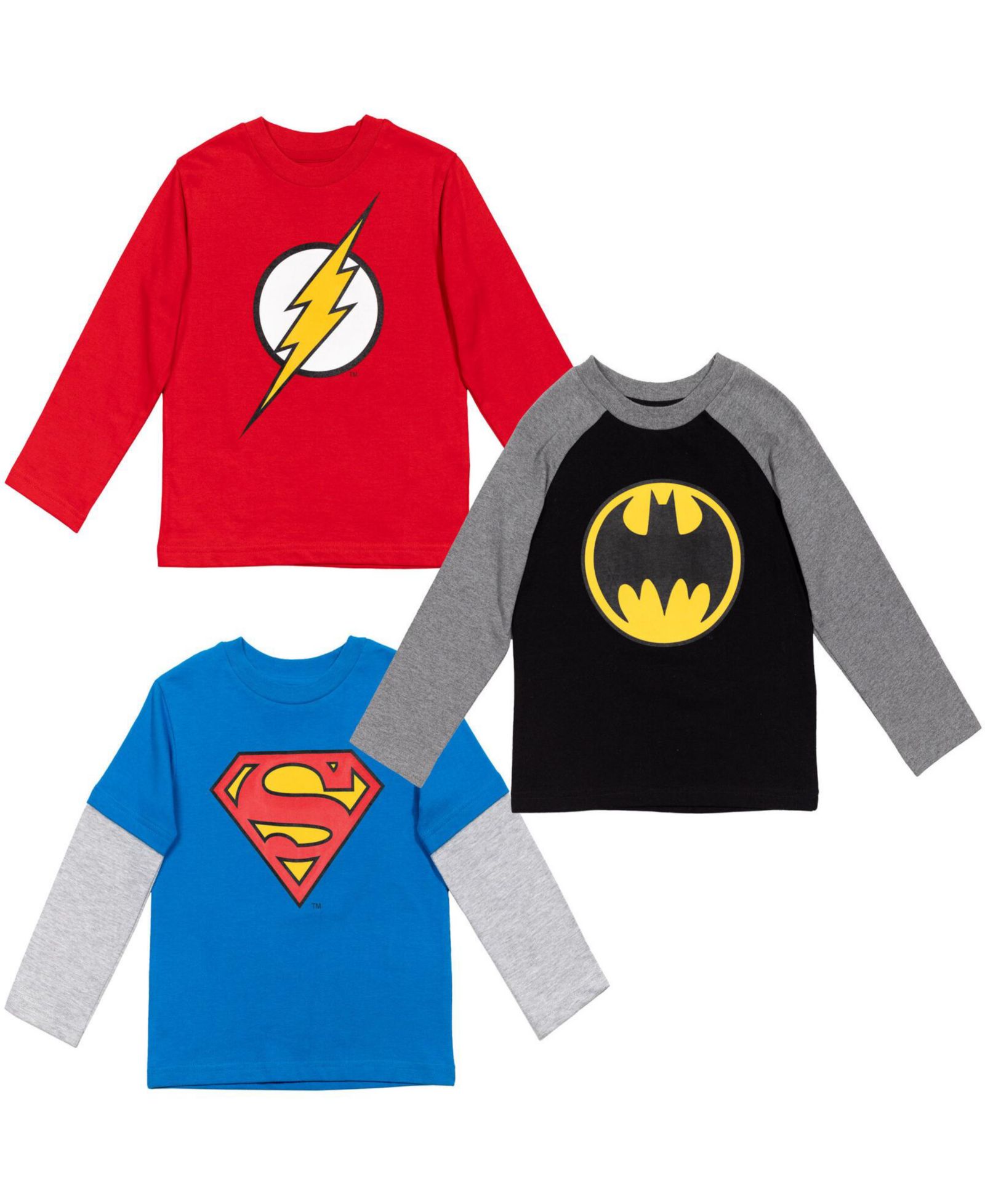 Justice League Little Boys Batman Superman The Flash 3 Pack Hang down Long Sleeve T-Shirts
