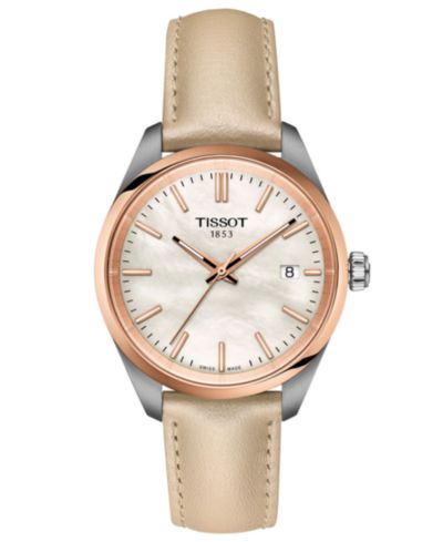 Tissot Unisex Swiss PR 100 Cream Leather Strap Watch 34mm