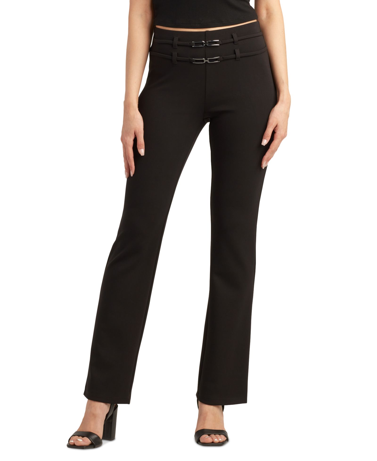 BCX Juniors' Scuba Double-Belt Flared-Leg Ankle Pants