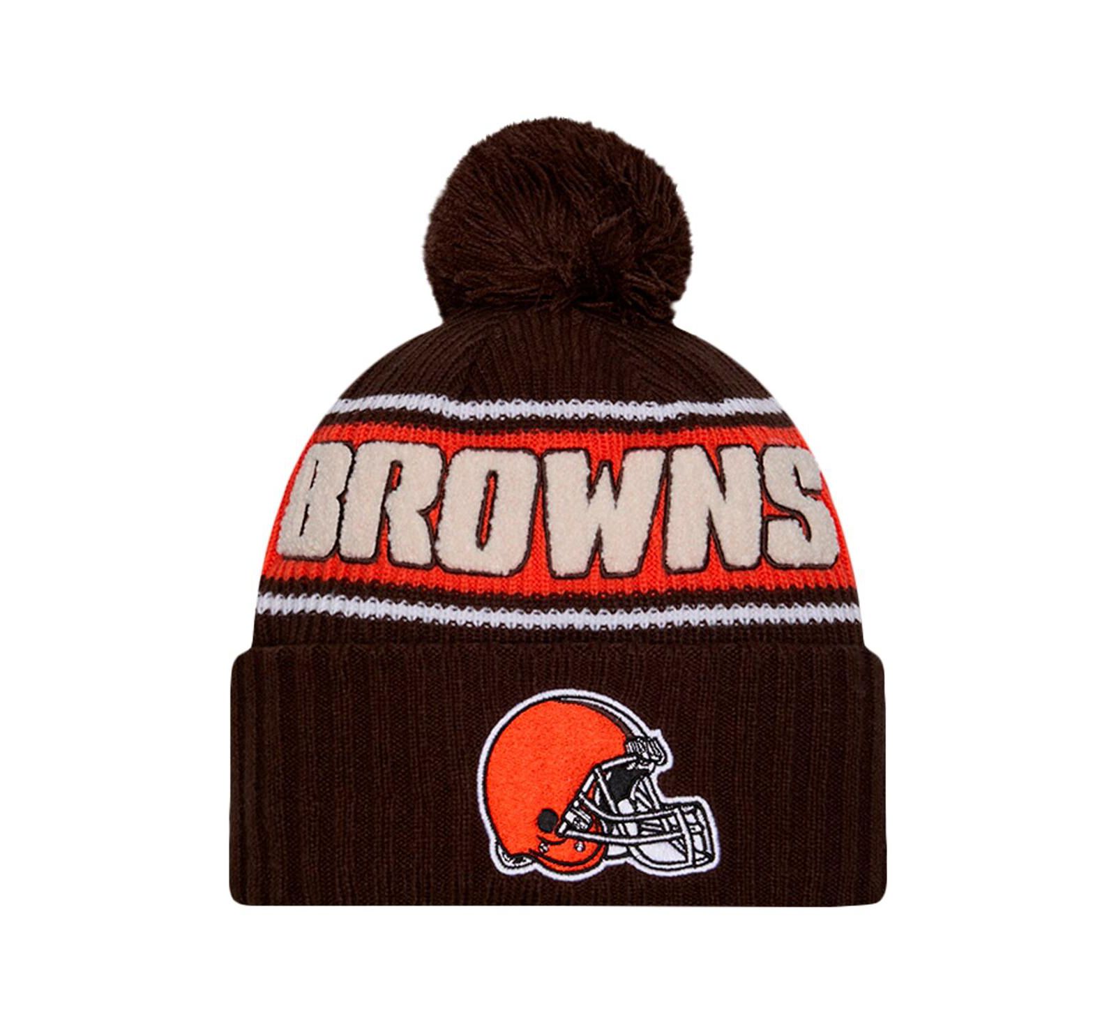 New Era Men's Brown Cleveland Browns 2024 Sideline Cuffed Knit Hat with Pom