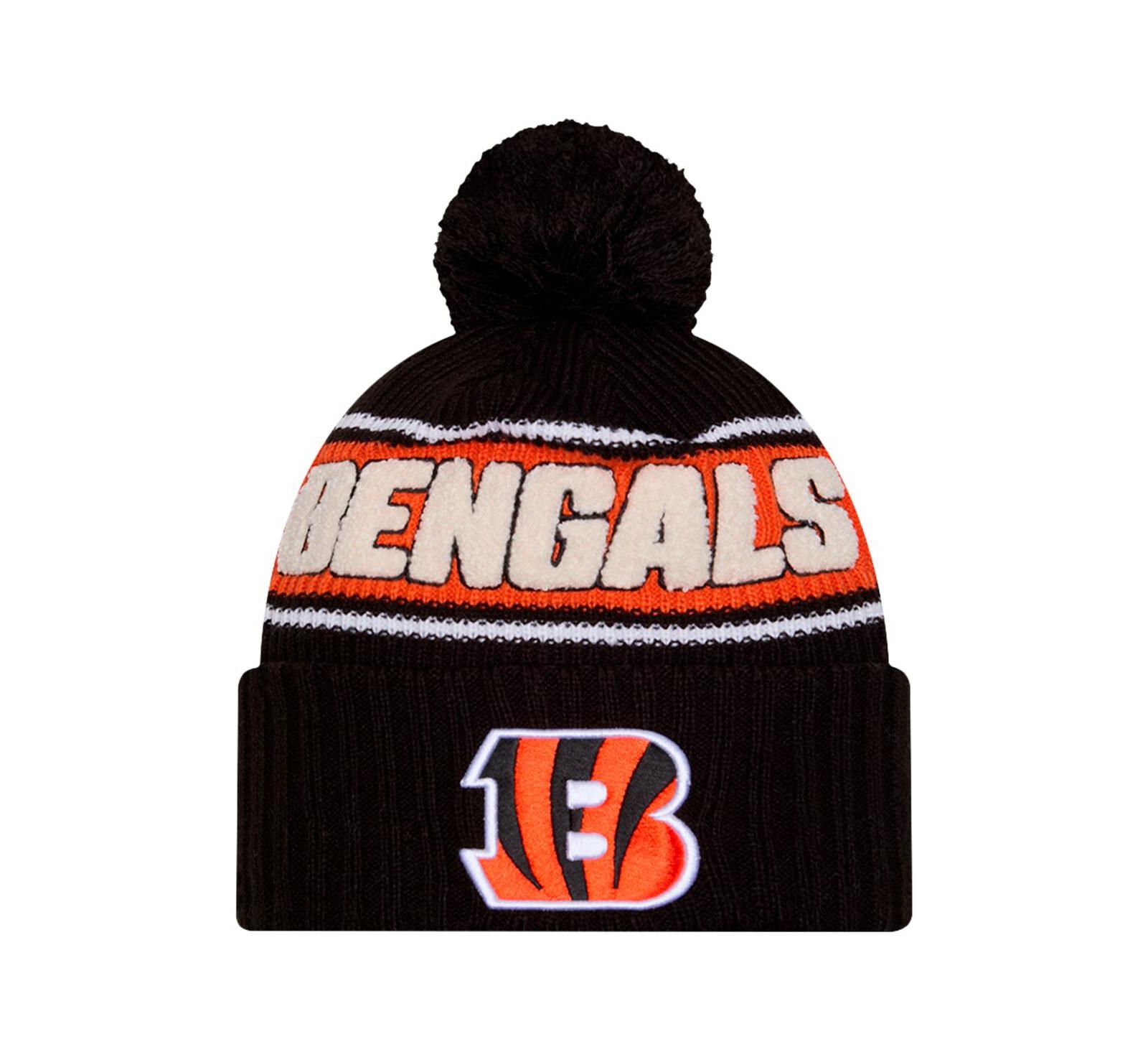 Шапка New Era Men's Black Cincinnati Bengals 2024 Sideline Cuffed Knit Hat с помпоном