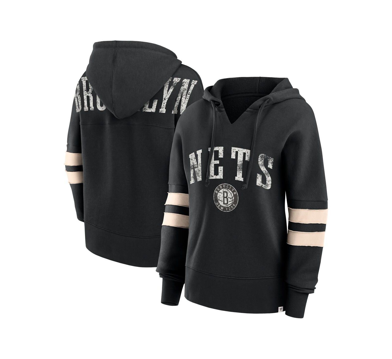 Женский худи Fanatics Black Distressed Brooklyn Nets Bold Move Dolman V-Neck Pullover