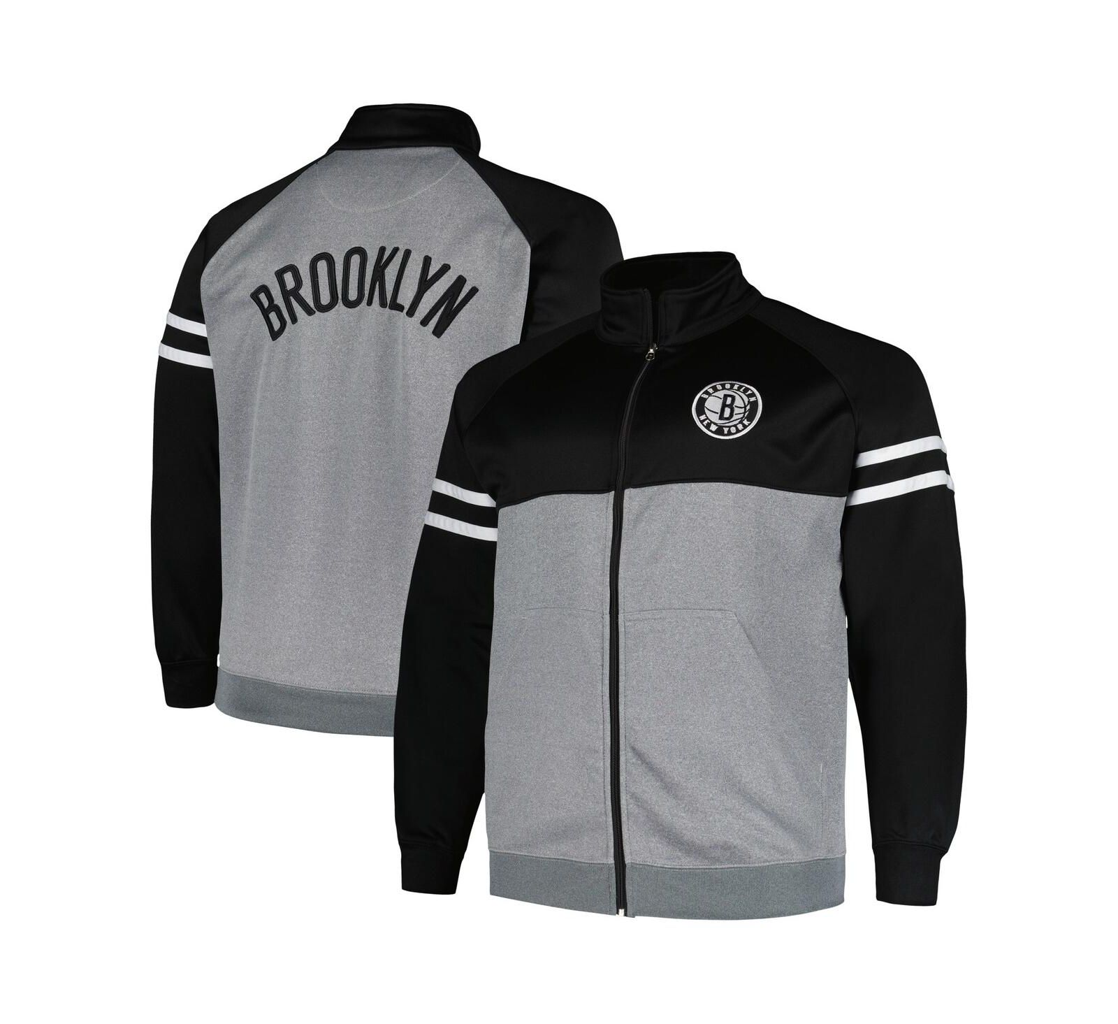 Men's Fanatics Black, Heather Gray Brooklyn Nets Big and Tall Pieced Stripe Raglan Full-Zip Track Jacket