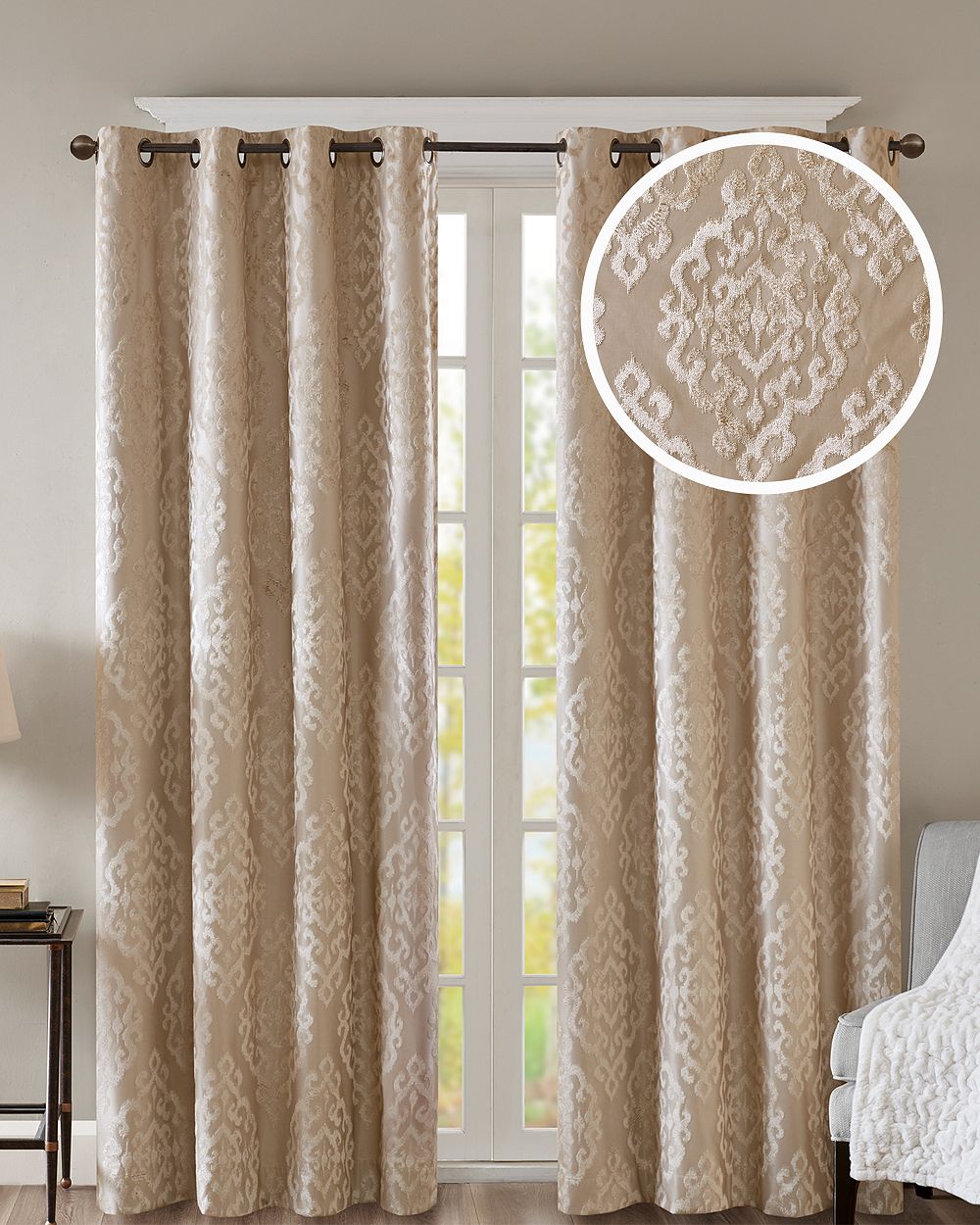 SunSmart Mirage Jacquard Damask Total Blackout Curtain Panel, Grommet Top, 50x108 in, Pitch Ambiance for Bedroom/Living Room