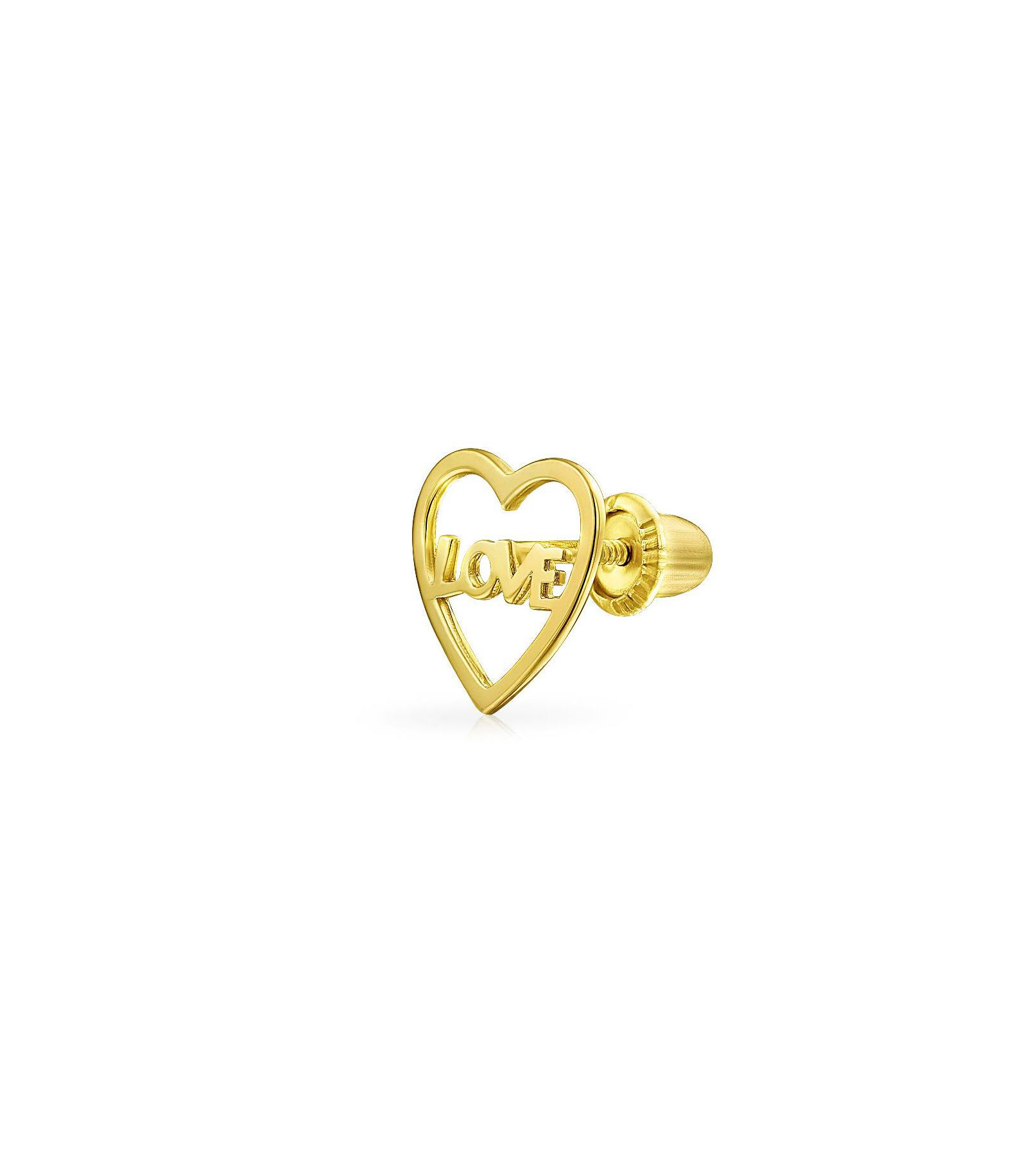 Bling Jewelry Tiny 14K Yellow Gold Word LOVE Heart Shape Stud Earring 1-Pc Cartilage Piercing Screw-Back