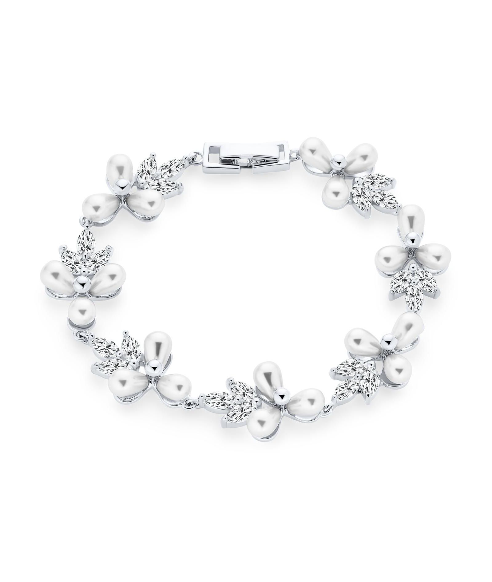Bling Jewelry Multi Flower Leaf Motif White Cultured Freshwater Pearl Strand Bracelet 7"