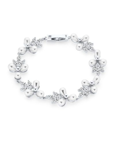 Bling Jewelry Multi Flower Leaf Motif White Cultured Freshwater Pearl Strand Bracelet 7"
