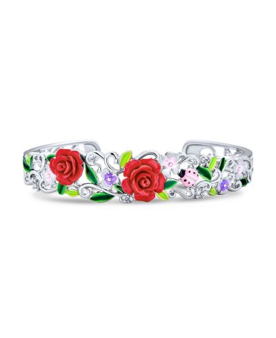 Bling Jewelry браслет cuff Ladybug Flower, 3D carved rose floral