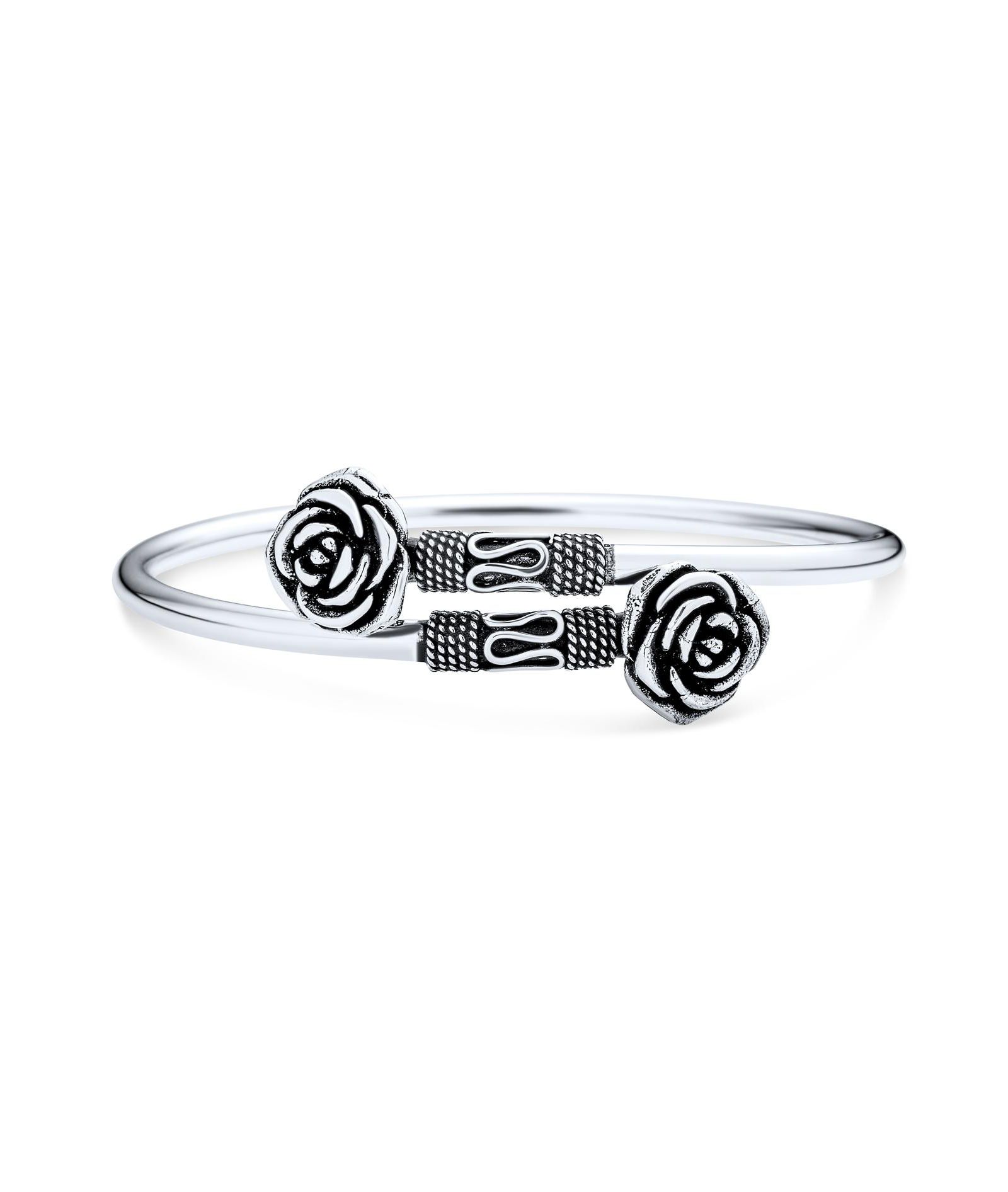 Bling Jewelry Bali Scroll Bangle Cuff Bracelet Oxidized Sterling Silver Rose Flower Tips