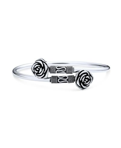 Bling Jewelry Bali Scroll Bangle Cuff Bracelet Oxidized Sterling Silver Rose Flower Tips