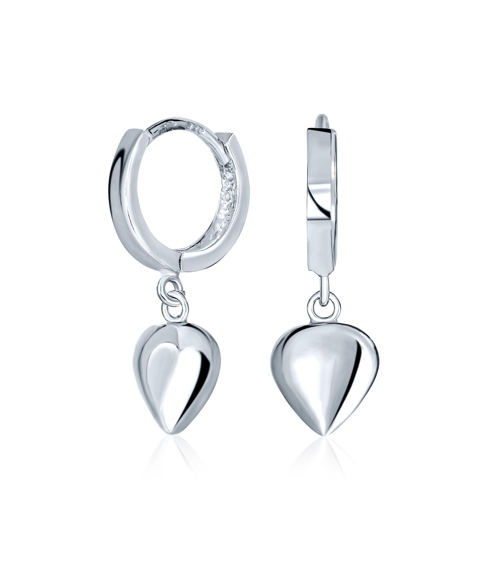 Серьги-кольцо Bling Jewelry.925 Sterling Silver Romantic Love Dangle Charm Puff Heart Shaped Huggie Mini