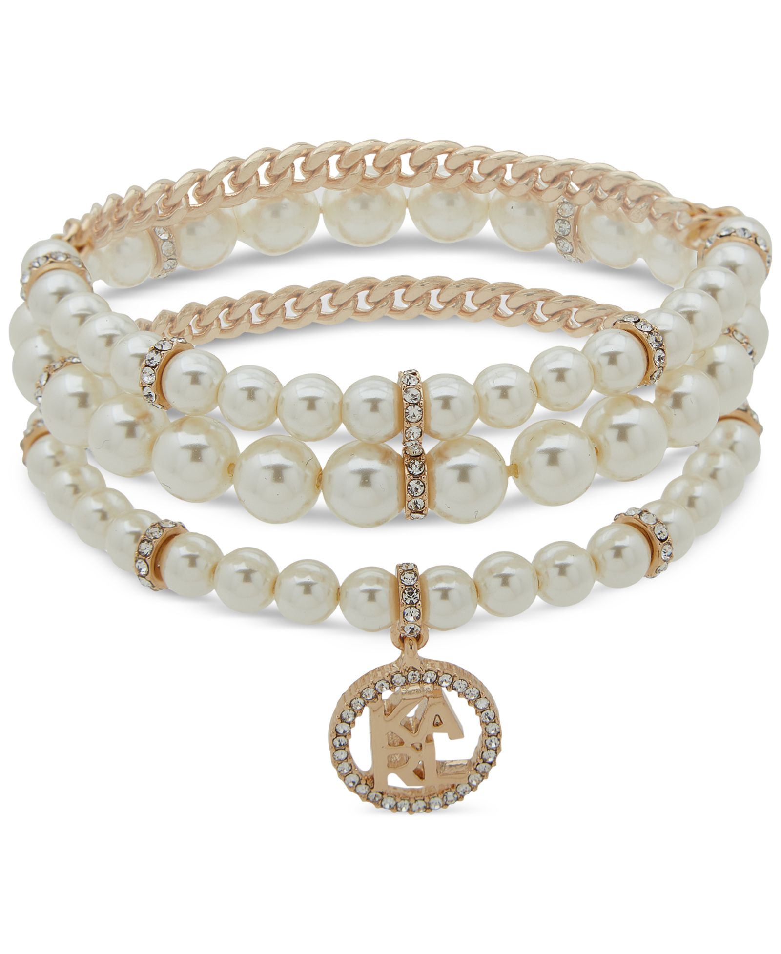 KARL LAGERFELD PARIS Gold-Tone 3-Pc. Set Pavé Logo & Imitation Pearl Stretch Bracelets