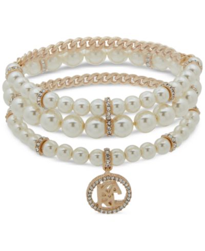 KARL LAGERFELD PARIS Gold-Tone 3-Pc. Set Pavé Logo & Imitation Pearl Stretch Bracelets