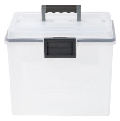 IRIS 19 Qt. WEATHERPRO Plastic Office Storage Portable Letter Size File Box with Organizer-Lid and Seal and Secure Latching Buckles, Clear