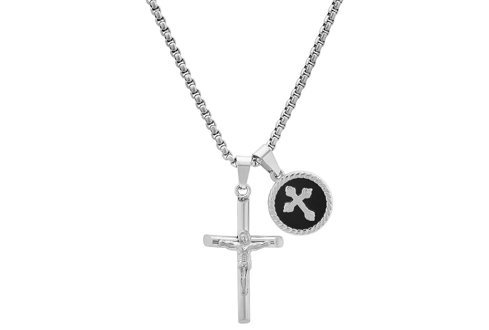STEELTIME Men's Silver-Tone Cross & Round Pendant Necklace, 24"