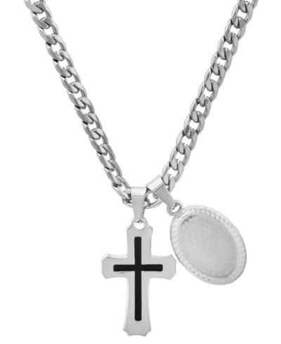 STEELTIME Men's Cross & Guadalupe Oval Pendant Necklace, 24"